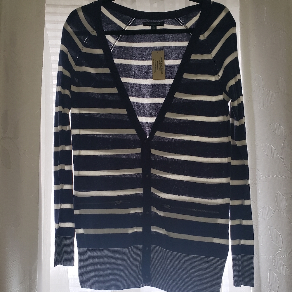 blue and white button up cardigan